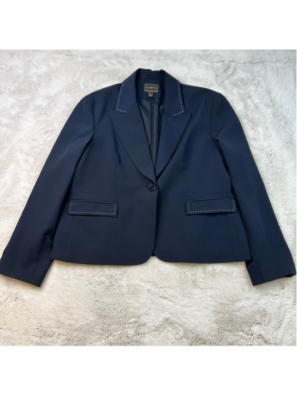 Vintage Louben II Navy Blazer Jacket Size 16 White Stitching Single Button